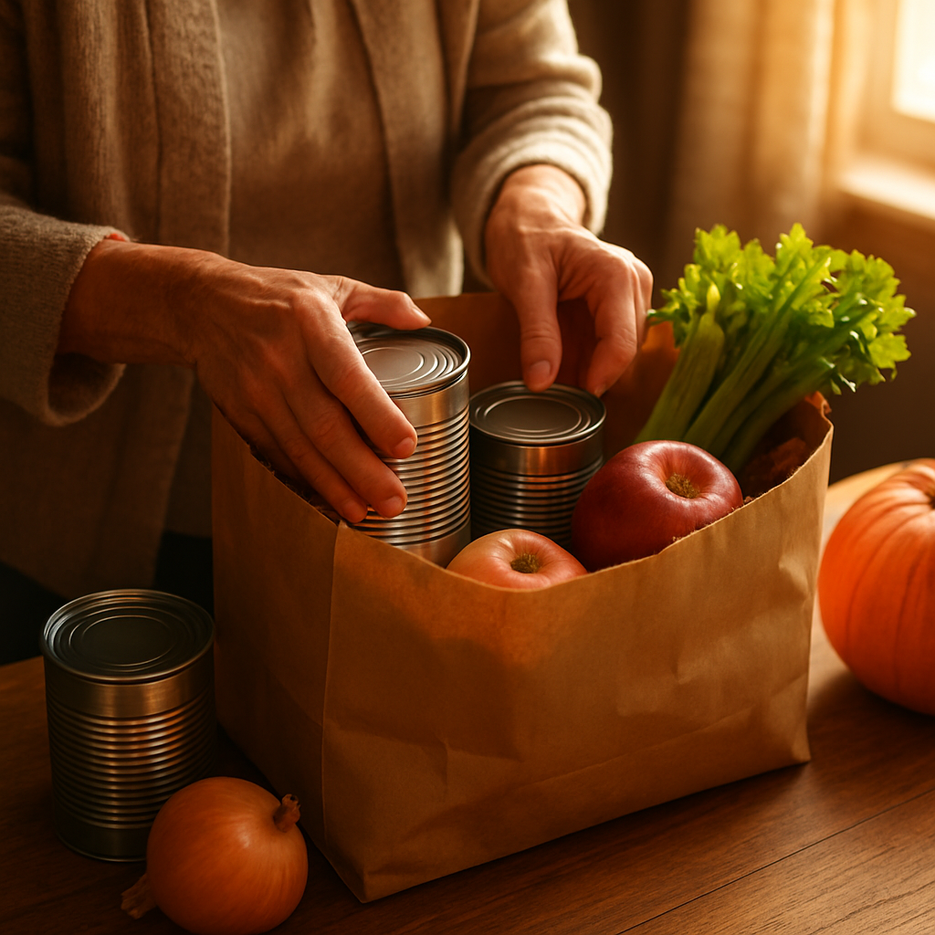 Hands packing a holiday food bag with canned goods and fresh produce