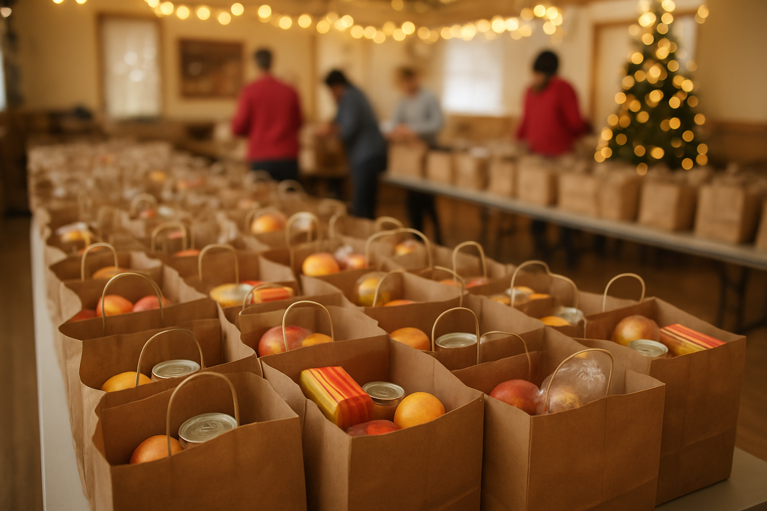 Holiday food bags lined up and ready for distribution